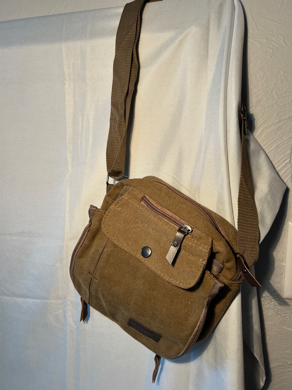 Canvas Crossbody Khaki Bag for Men compact size of approximately 9”x9”